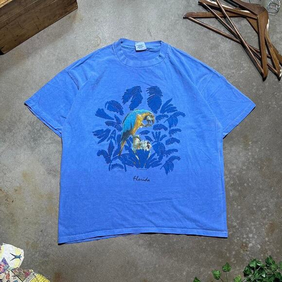 Vintage 90s Single Stitch Florida Parrot Tee Mens XL Blue Nature Print Shirt - Picture 1 of 4